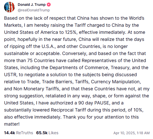 特朗普宣布暂停关税——全球资产暴涨！