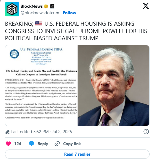 FHFA要求调查鲍威尔对特朗普存有偏见