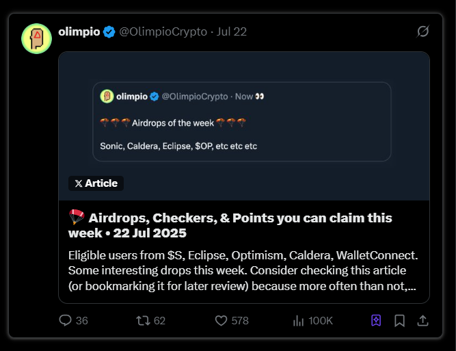 本周空投机会一览：Yala、Treeverse、$S、Caldera等