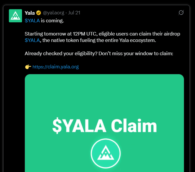 本周空投机会一览：Yala、Treeverse、$S、Caldera等