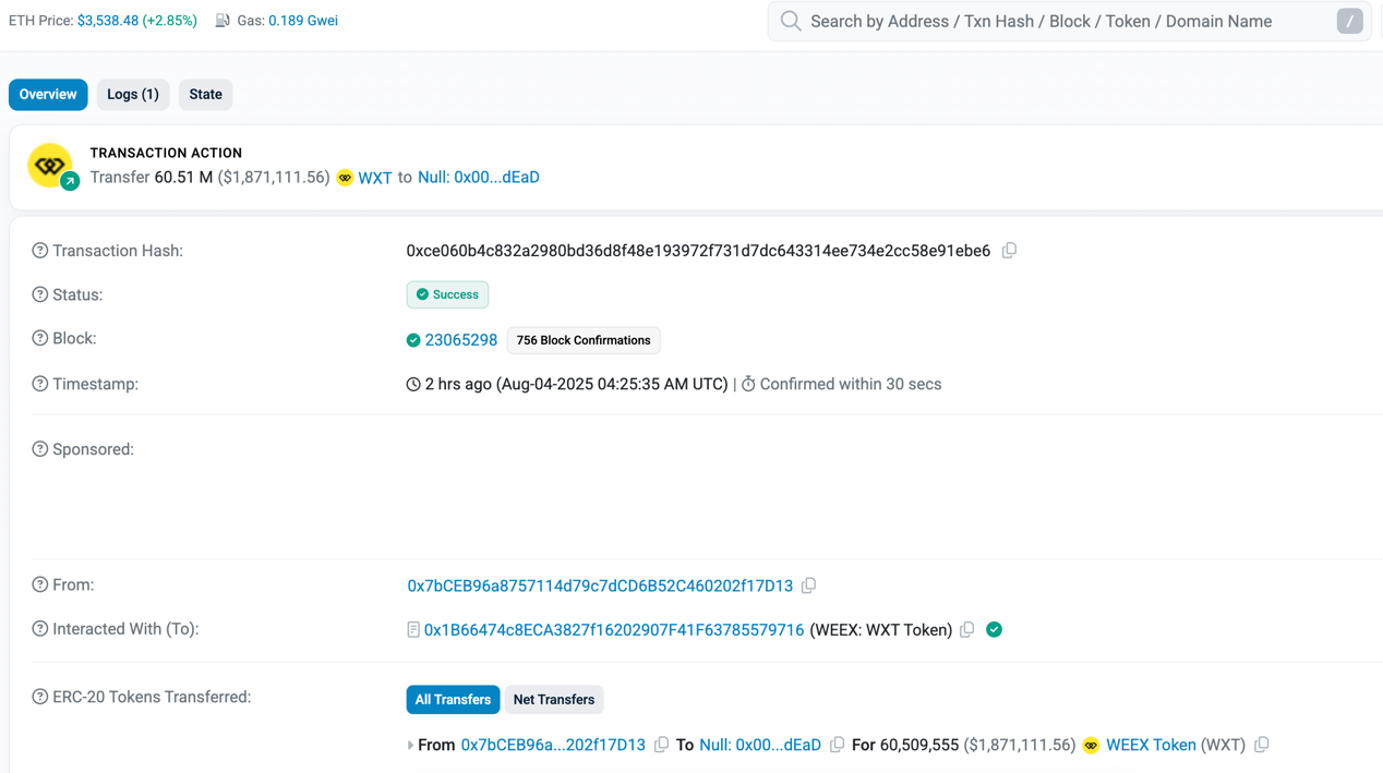 WEEX交易所销毁200万美元WXT，占总供应量的0.61%